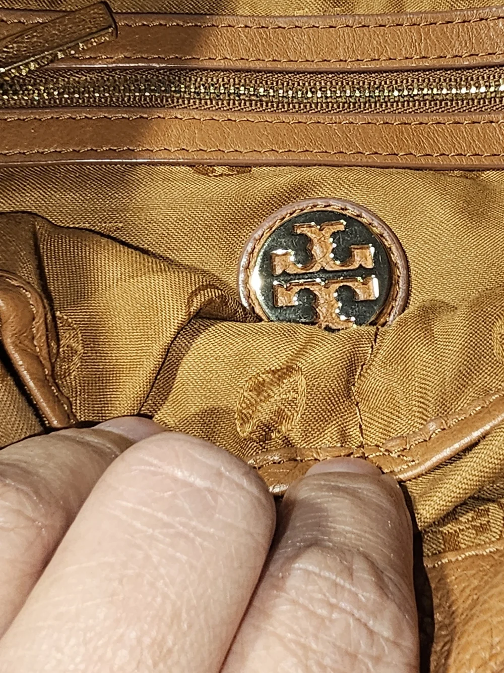 Tory Burch Camel Pebbled Soft Leather Chain Detail Crossbody Bag